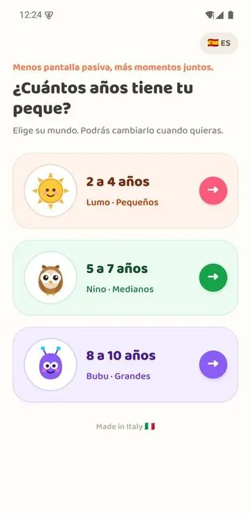 Schermata iniziale dell'app: si sceglie l'età del bambino tra i tre mondi Lumo, Nino e Bubu